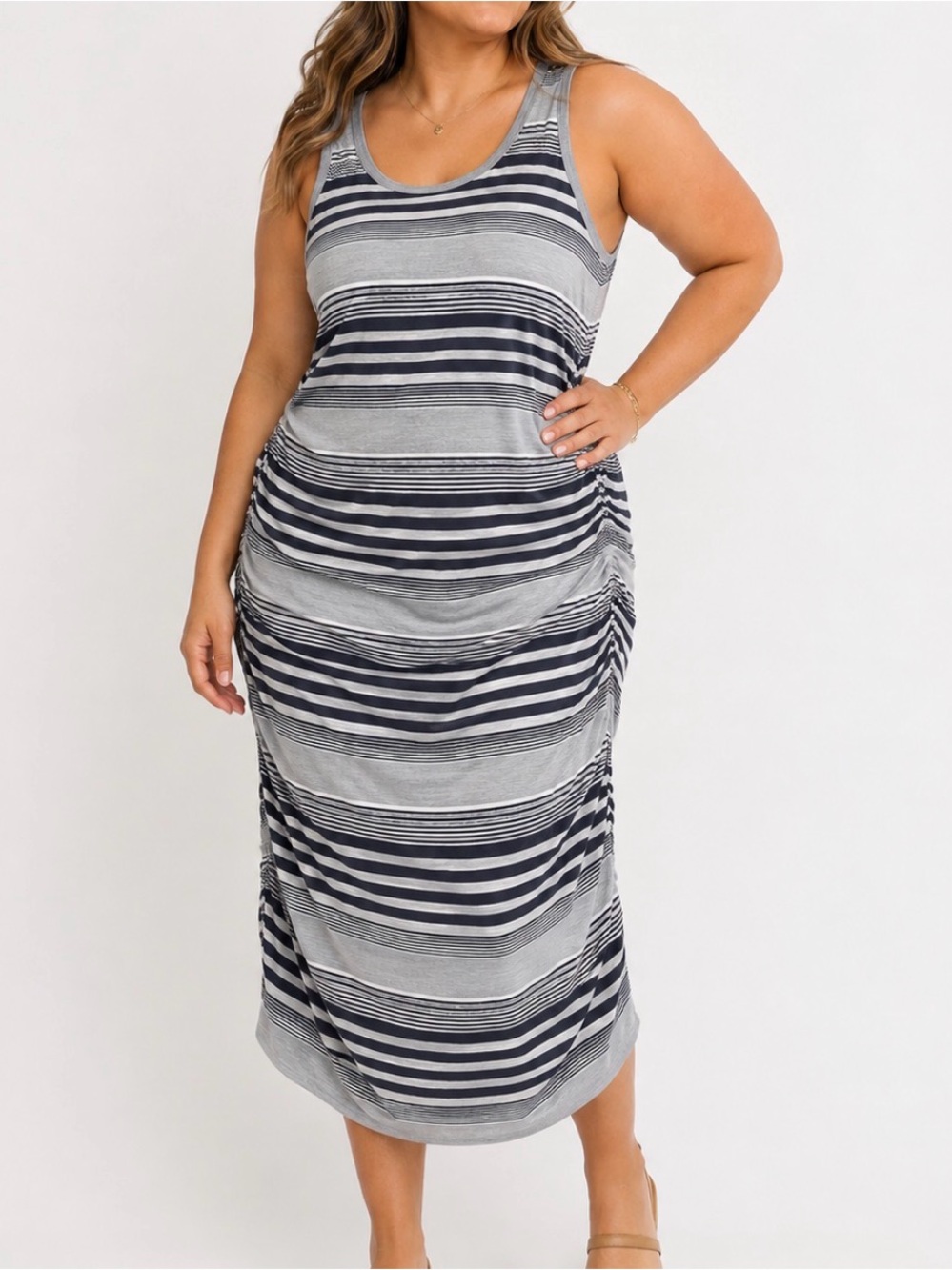 Converse Striped Sleeveless Gray & Navy Women's midi Dress ruched sides SZ LG